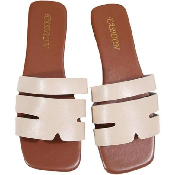 Cut Out Leather Slide Sandals Women Open Toe Flat Summer Dressy Slip On - Picture 6 of 6